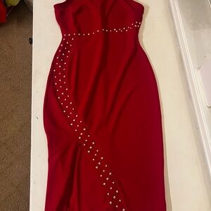 Elegant Red Strapless Dress with Studded Detail